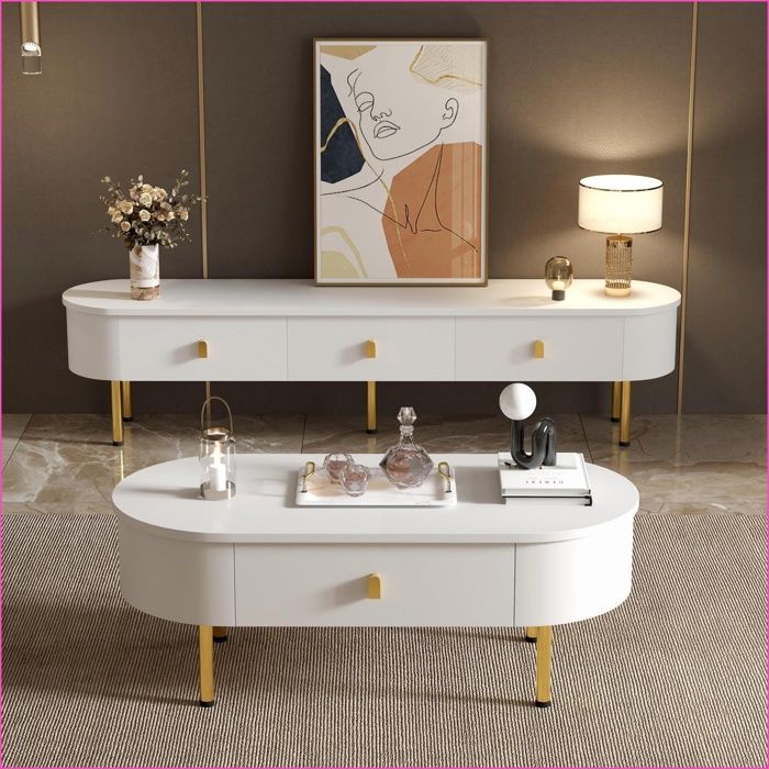 Ensemble Salon - Combo Meuble TV + Table Basse - Accents Or - Tiroirs - Bords Arrondis - Blanc