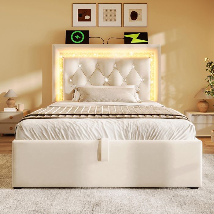 Lit coffre 90x200 cm lit adulte en velours - LED diamantée - ports USB et Type-C - lit hydraulique avec rangement - Beige