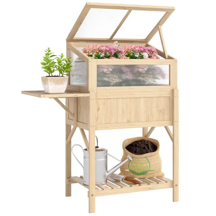 Carré potager sur pieds avec serre - Outsunny - table latérale pliante étagère de rangement - en bois - 104x50x120cm - bois naturel