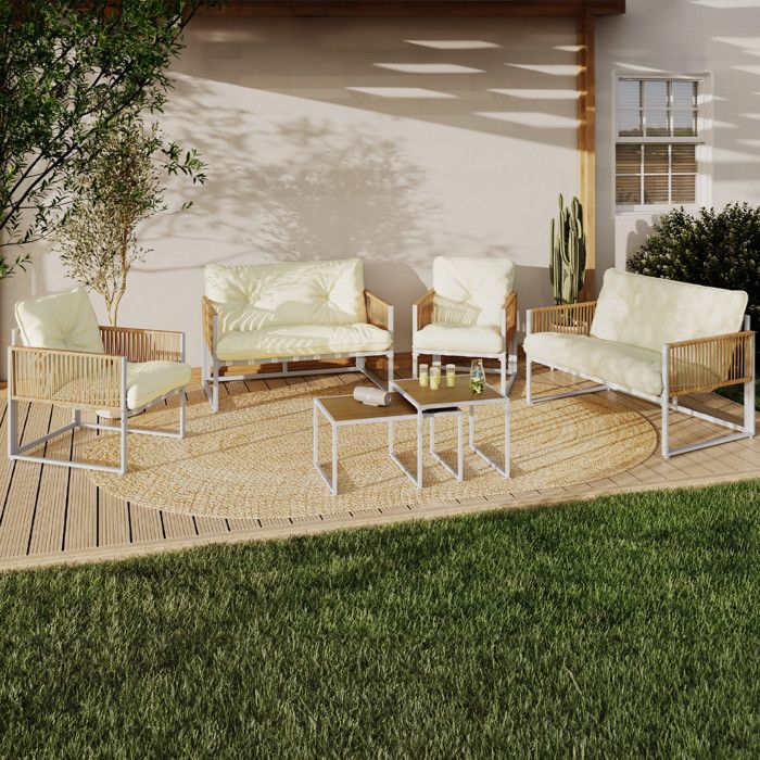 IDMARKET Salon de jardin bas RIO 6 places structure métal blanc et cordage effet rotin avec coussins beige