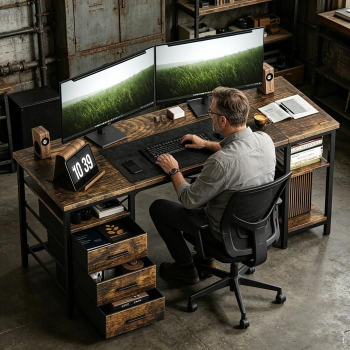 Bureau Gaming-Bureau avec rangement 3 Tiroirs en Tissu 120 × 60 ×75 cm B-3 étagères Bureau Gamer Brun