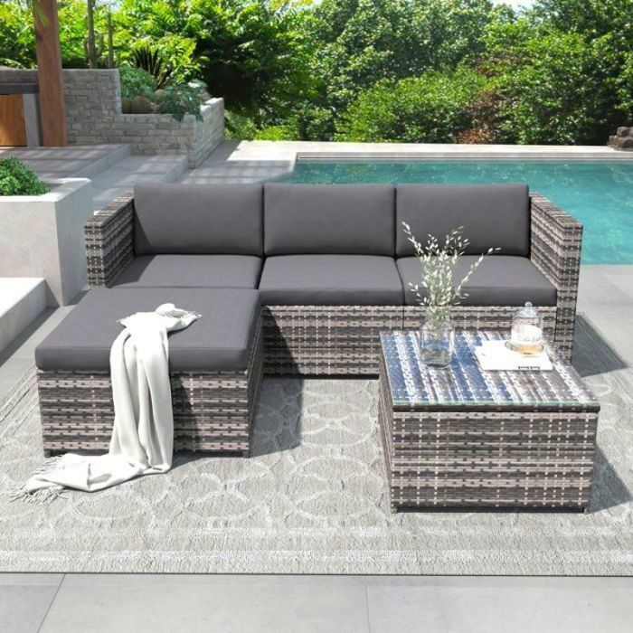 Salon de jardin élégant gris canapé d’angle pour terrasse mobilier en polyrotin table avec plateau en verre SALON BAS DE JARDIN