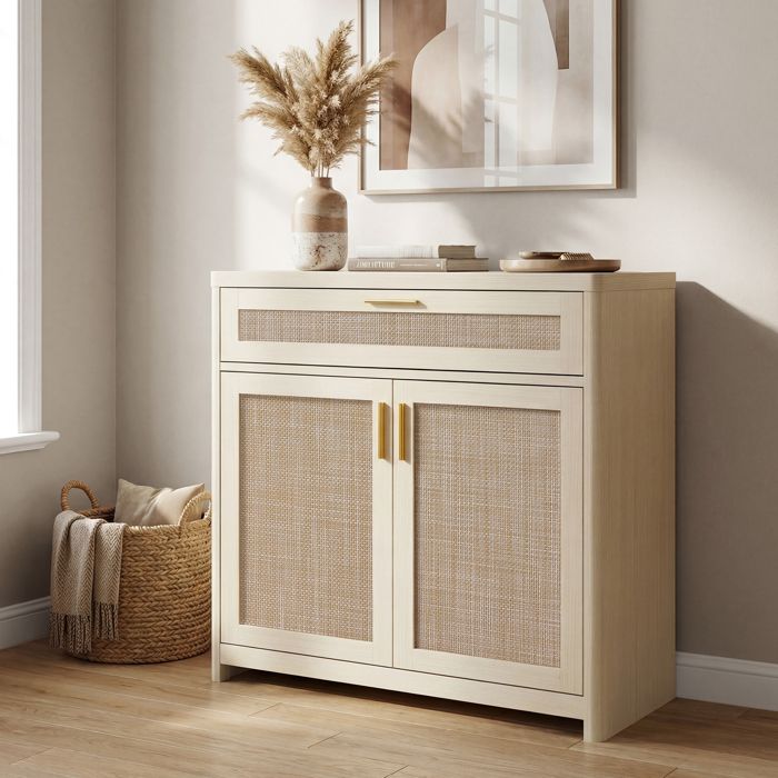 Buffet de cuisine Bohème avec Portes Effet Cannage Rotin pour Salle à Manger Cuisine Beige Buffet de cuisine Bohème avec Portes Effet Cannage Rotin pour Salle à Manger Cuisine Beige