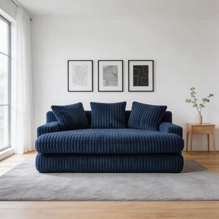 Canapé-lit - Velours côtelé 1 place - Bleu marine - 3 coussins - 125x155x63 cm