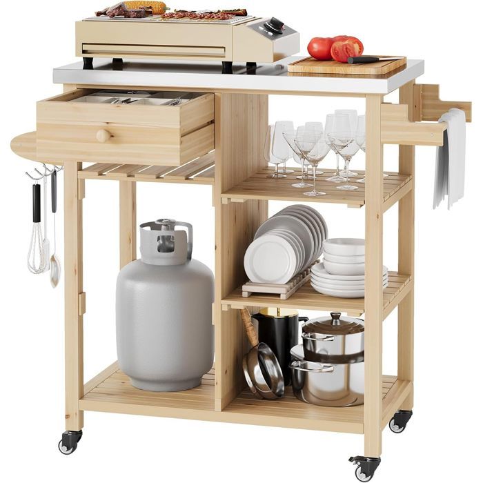 AFF DESSERTE DE CUISINE-Chariot barbecue dextérieur-Chariot de cuisine en bois massif avec rangement-roues pivotantes à 360°
