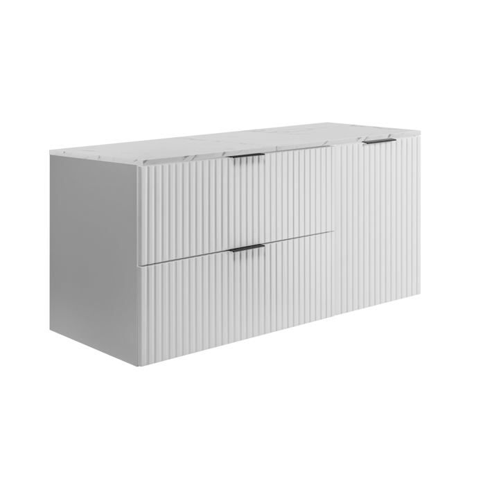 Meuble de salle de bain suspendu - 120×57×46 cm - Blanc plan marbre aspect (MDF) - 2 tiroirs + porte - Stratifié 16 mm