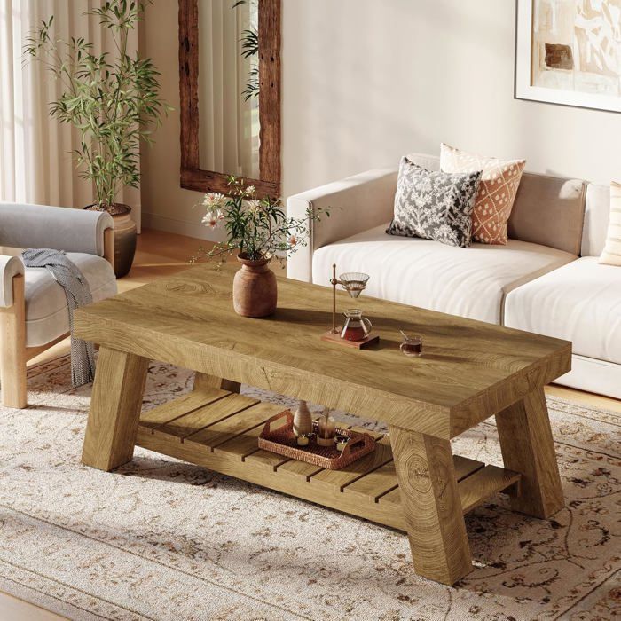 Finmind Table Basse120×60×45 cmTable Rectangulaire avec Pieds en Bois Pour SalonMaisonChambreStyle ChampêtreMarron Rustique