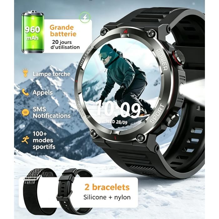 Montre Connectée Homme Qualité Militaire avec 960 mAh Lampe LED Appel IP68 Étanche 1 45 2 Bracelets Tracker de sport fitness