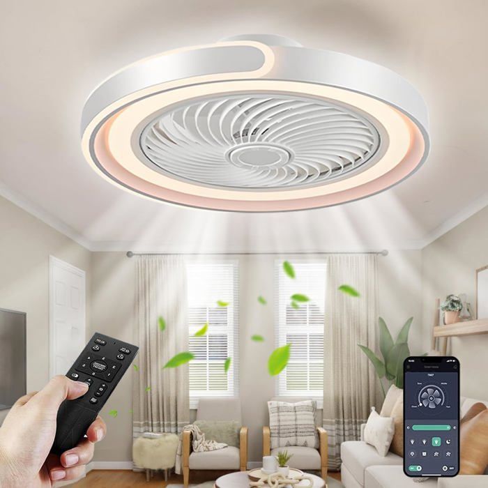 Ventilateur de plafond silencieux rond moderne 50 cm LED dimmable 70 W télécommande minuterie 6 vitesses blanc