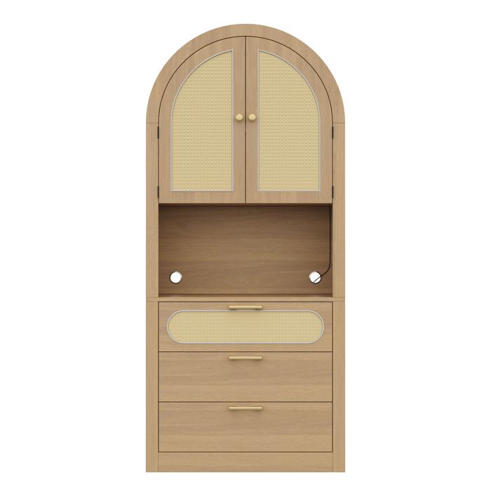 Buffet de Cuisine Haut avec LED - Armoire de Rangement Arche en Bois et Rotin - 80x35x180 cm - 3 Tiroirs - 2 Portes