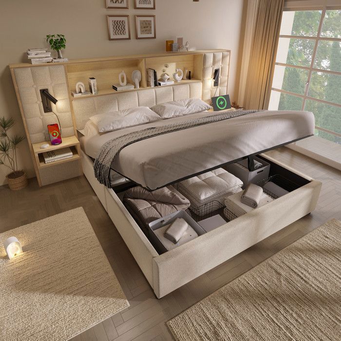 Lit coffre hydraulique 160x200 beige avec 2 tables de chevet 2 liseuses USB Type-C sommier inclus