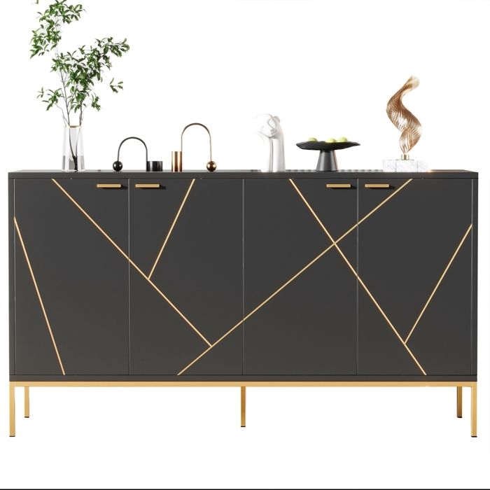 Buffet à 4 Portes Buffet Salle a Manger Meuble Cuisine Rangement Pieds en Métal Décoration de Ligne Dorée 150x40x80cm Noir