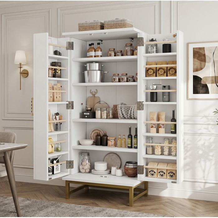 Buffet de cuisine 2 portes 60 x 40 x 130 cm avec étagères réglables et rangements sur porte blanc et doré