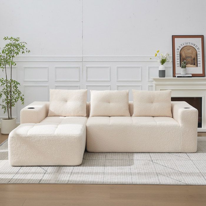 WOVREO canapé dangle fixe 3 places beige avec 3 coussins 2 porte-gobelets assise profonde en polyester