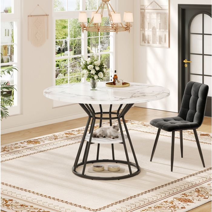 MEUBLIV Table à manger ronde 100 cm effet marbre MDF et métal noir avec étagère centrale