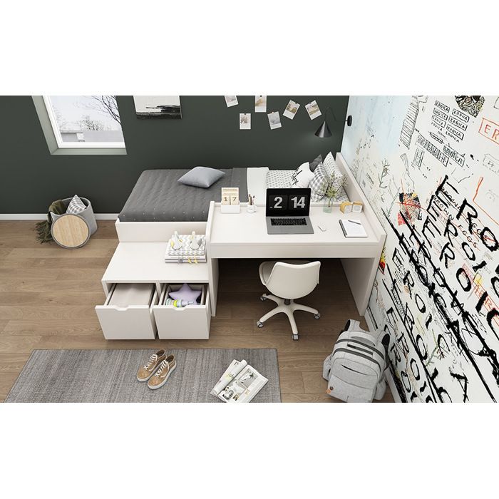 Lit combiné 1 place 90×200 cm bureau intégré 2 tiroirs et rangement - ELVMI - sans matelas pin massif et MDF blanc
