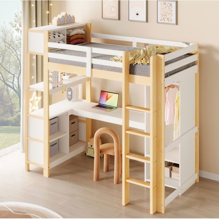 ROVRYN Lit mezzanine 90 x 200 cm avec bureau etageres et penderie pin MDF blanc et naturel