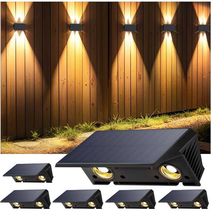Lot de 6 appliques murales solaires éclairage haut/bas 3000K 100 lumens IP67 extérieur batterie 1500 mAh