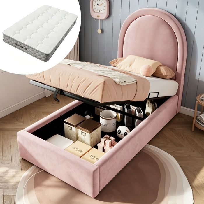 Lit coffre rembourré 90×200 cm - URTR - tissu velours - cadre métallique - lit simple - avec matelas - rose