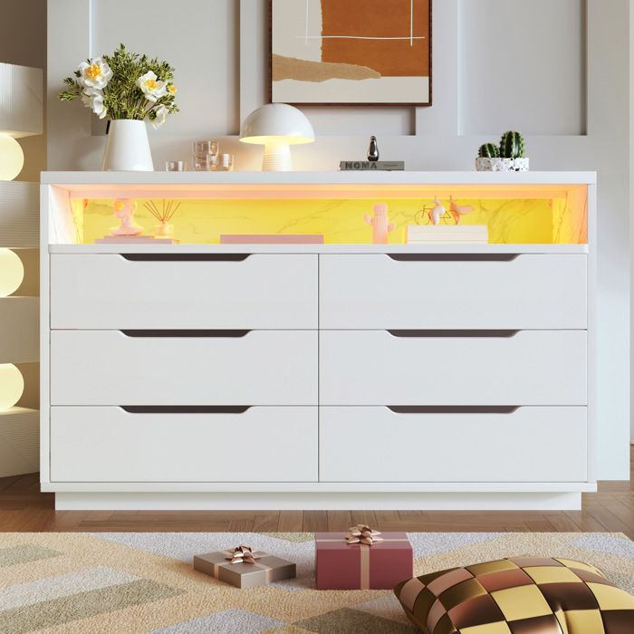 Buffet Bas Blanc 6 Tiroirs LED Bahut Moderne FloraGrace Pour Salon Chambre Ou Salle A Manger A Monter Soi-Meme 120x40x85cm