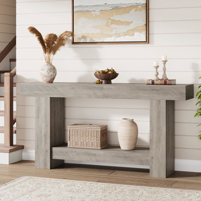Console campagne 63″ 2 niveaux gris clair longue derrière canapé entrée salon couloir