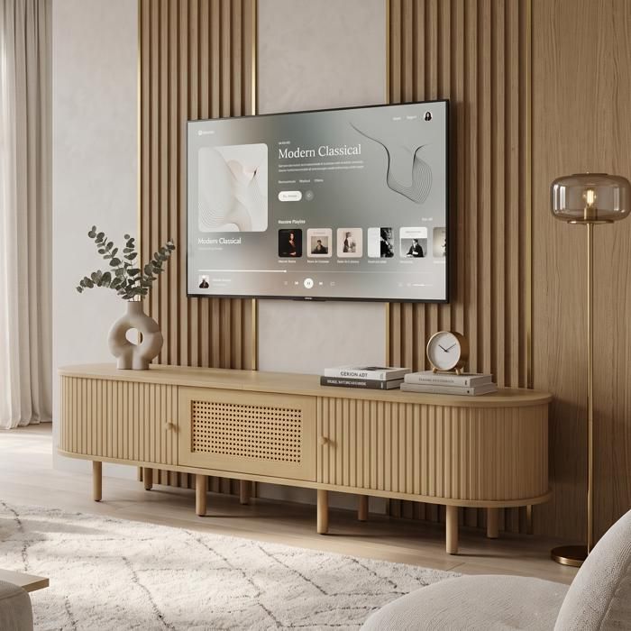 Meuble TV Bas 180x40x40cm Grand Rangement Design Soigné Oval Style Scandinave Meuble TV Porte Coulissante Cannage