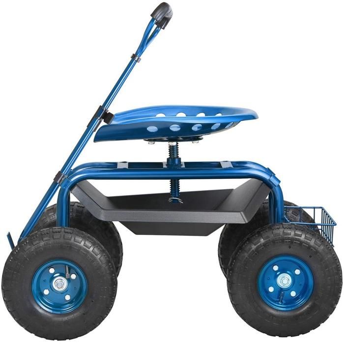 Acier épais bleu siège de jardin roulant pivotant 360° avec roues gonflables et panier pour terrasse et cour