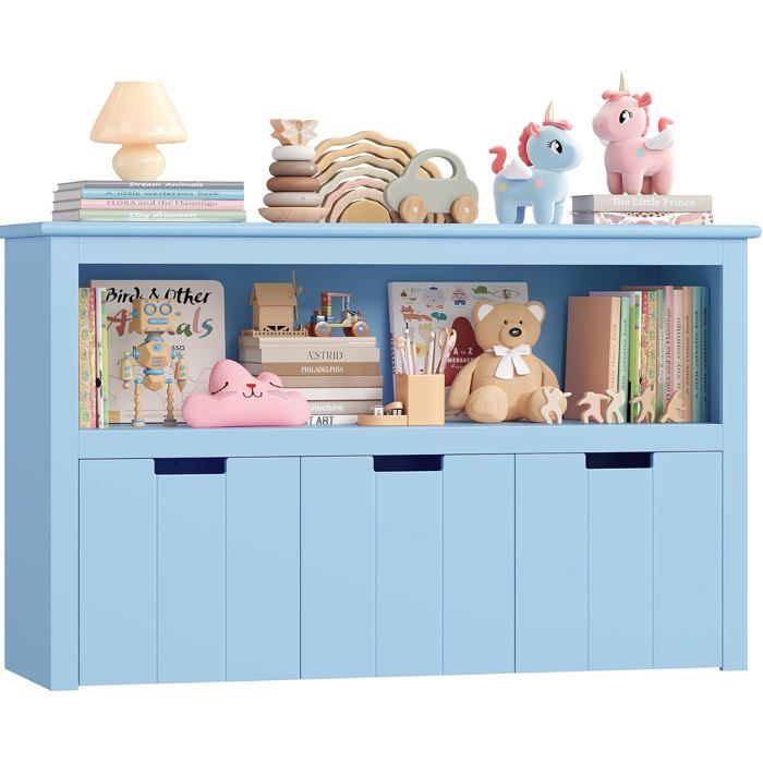 Meuble Rangement Enfant 3 Tiroirs Roulants Bleu 102x33x61 5cm Bibliothèque Étagère Jouets Salle Jeu Montessori Salon Crèche