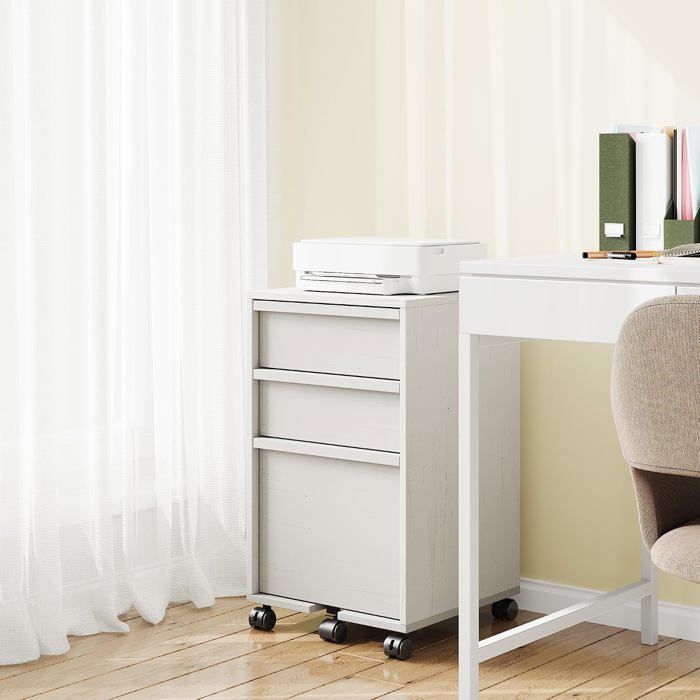 Desserte de bureau roulant 3 tiroirs en bois pour bureau à domicile grand tiroir 2 roulettes freinées Rétro Blanc