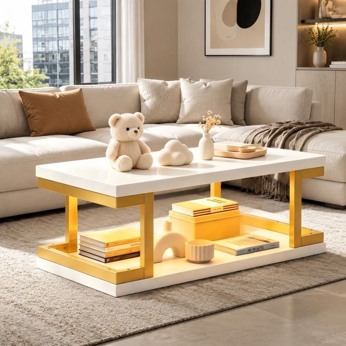 Table basse rectangulaire blanc et or 100 x 50 x 37 5 cm LED MDF métal double niveau charge 50 kg