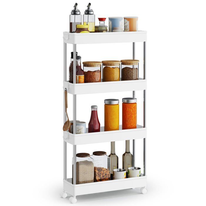 Chariot Chariot de Cuisine à 4 ux Étagère de Cuisine Étagère Étroite avec 6 Crochets Blanc Nuage 14. PETIT MEUBLE DE RANGEMENT