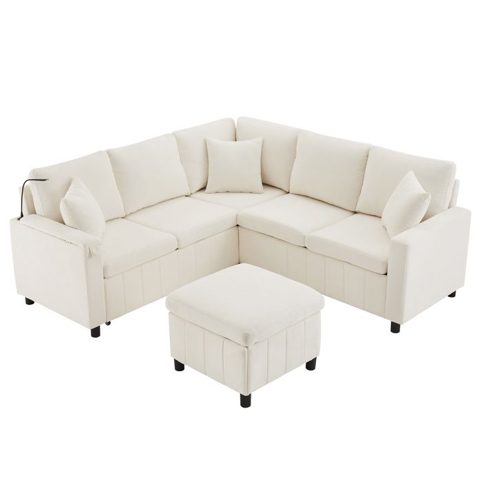 Canapé dangle convertible 4 places en chenille beige avec pouf
