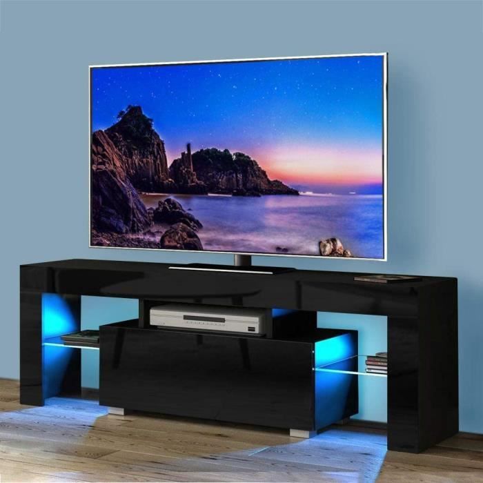 meuble tv led en verre avec 1 tiroirs pour salon et chambre - 130 x 35 x 45cm - noir