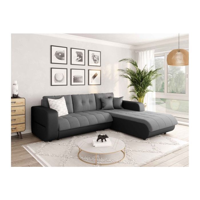 Canapé dangle Droit 4 places SUZIE convertible en Simili et Microfibre - Gris et Noir - L246 x 188 x 80cm - LOUNGITUDE