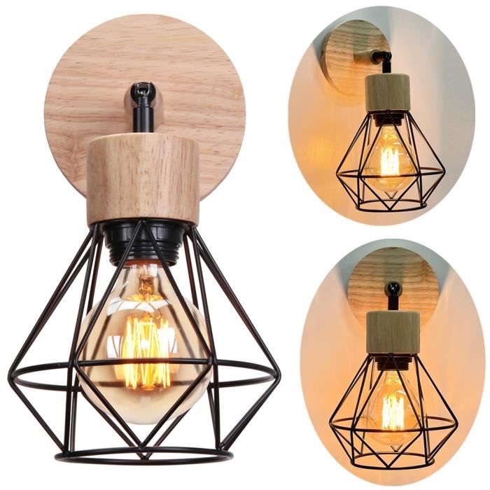 Applique Murale Vintage Cage Industrielle En Métal Et Bois - Lampe E27 Pour Chambre, Salon, Cuisine