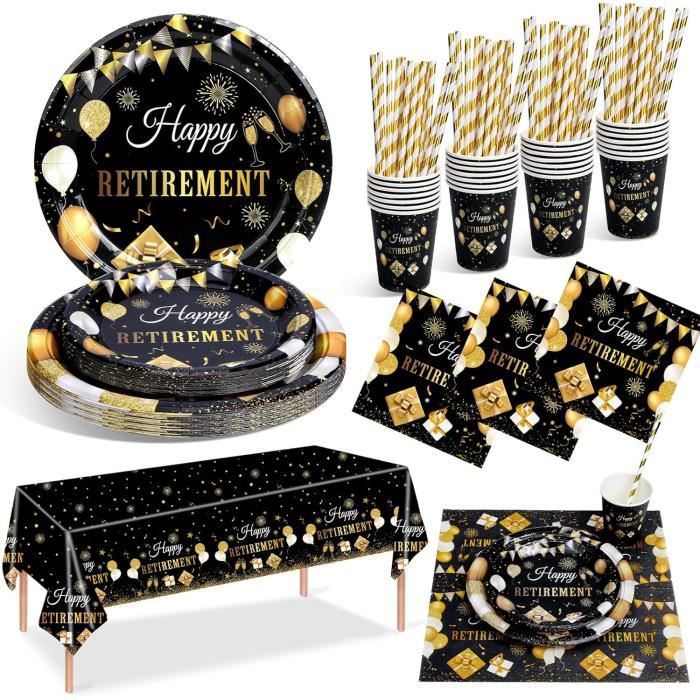 Décoration Retraite Vaisselle Kit, 16 Invités Vaisselle Assiettes De Fête Decoration Avec Nappe