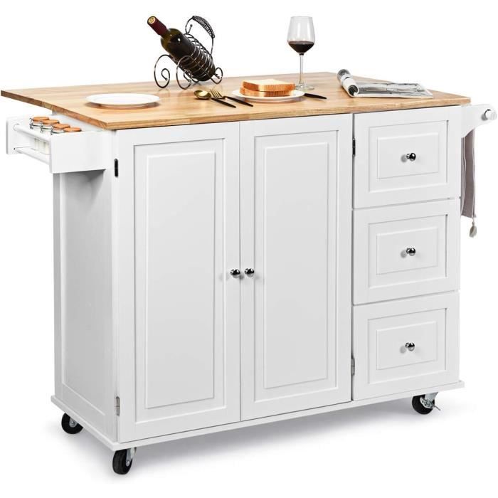 costway desserte sur roulettes service de cuisine de roulant avec plans de travail rabattable en bois armoire de rangement blanc