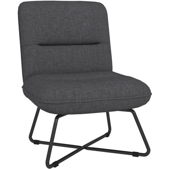 fauteuil lounge style néo-rétro structure croisée acier noir tissu aspect lin gris
