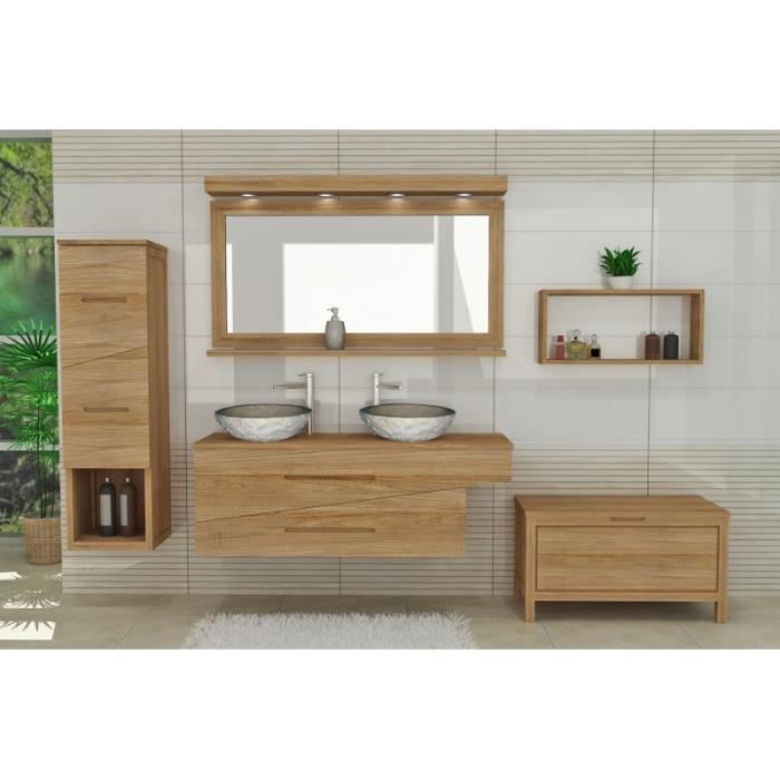 Meuble Salle De Bain Teck Massif Ondine Double Vasque 2 Tiroirs Cdiscount Maison