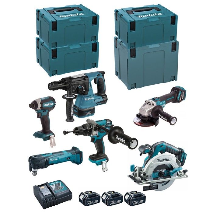 MAKITA Kit DLX6085TJ DHR243 + DHP481 + DTD153 + DHS680 + DGA513 + DTM51 + 3 x 5 0 Ah + DC18RC + 3 x MAKPAC 3 + MAKPAC 4