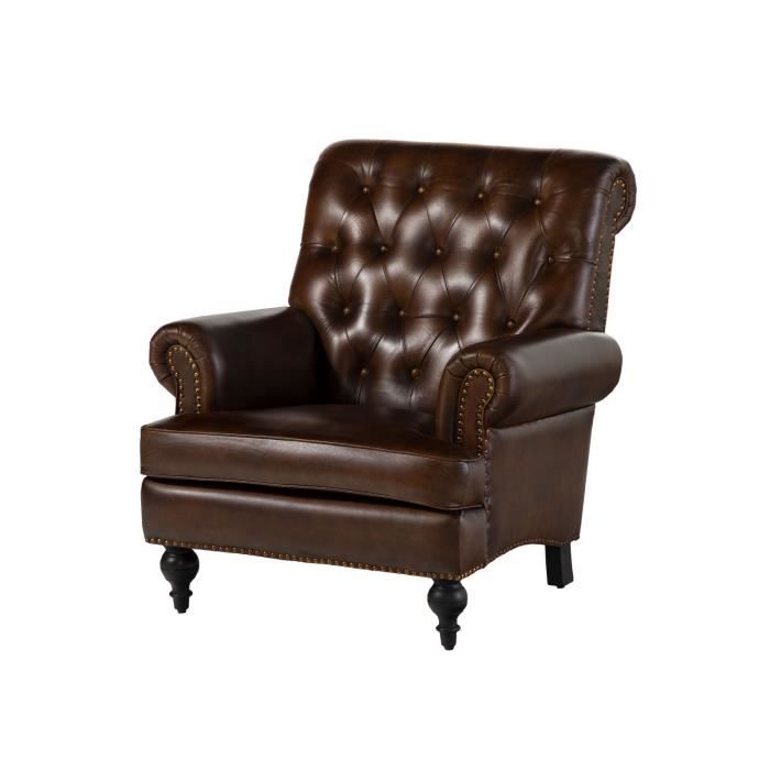 fauteuil en cuir véritable marron chesterfield n° 105