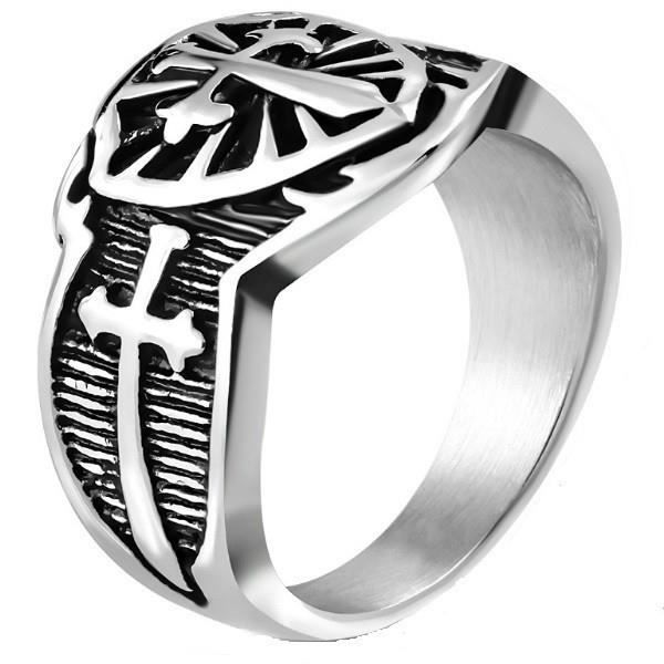 Bague chevalière homme acier forme de bouclier blason médiévale croix fleur de lys (60)