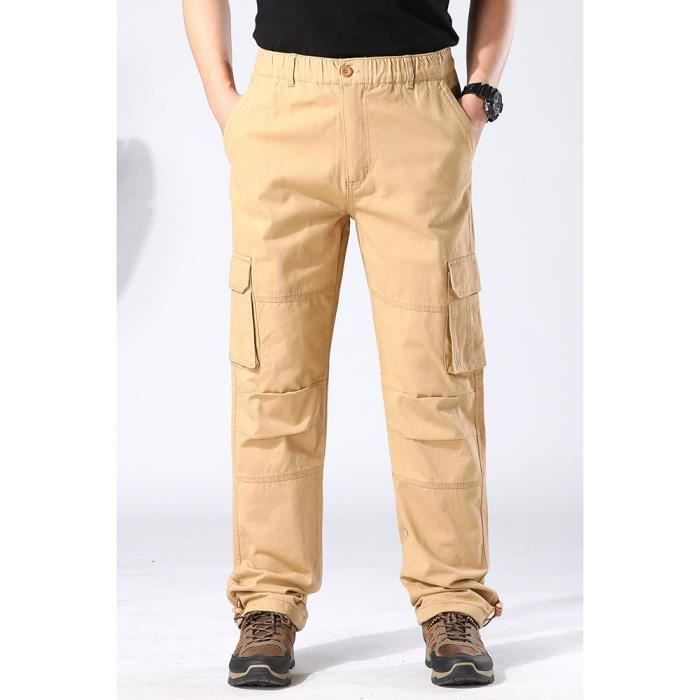 Pantalon de Travail Homme Kaki fonce Relaxed Fit 100%Coton Multi Poches  Taille Elastique Lache Casual