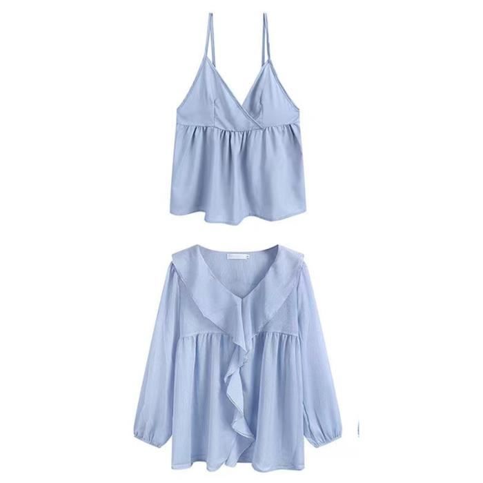 Chemisier à manches longues et col en V en soie pour femme, bleu marine, XS