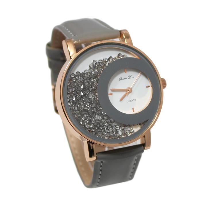 montre femme cristal strass Gold rose cuivré bracelet cuir noir collection stardust