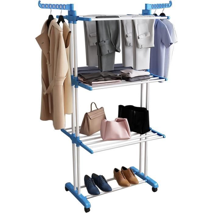 Étendoir Séchoir À Linge 4 Niveaux Sechoir A Linge Pliable Acier Inoxydable Seche Linge Etendoir Avec Ailes Pliantes Roues[L618]