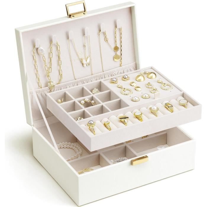 Organisateur De Bijoux 2 Niveaux Blanc Et Doré - Support à Bracelets, Colliers, Bagues - Velours Beige, Design En T - Pour Maison Ou Vitrine - 3