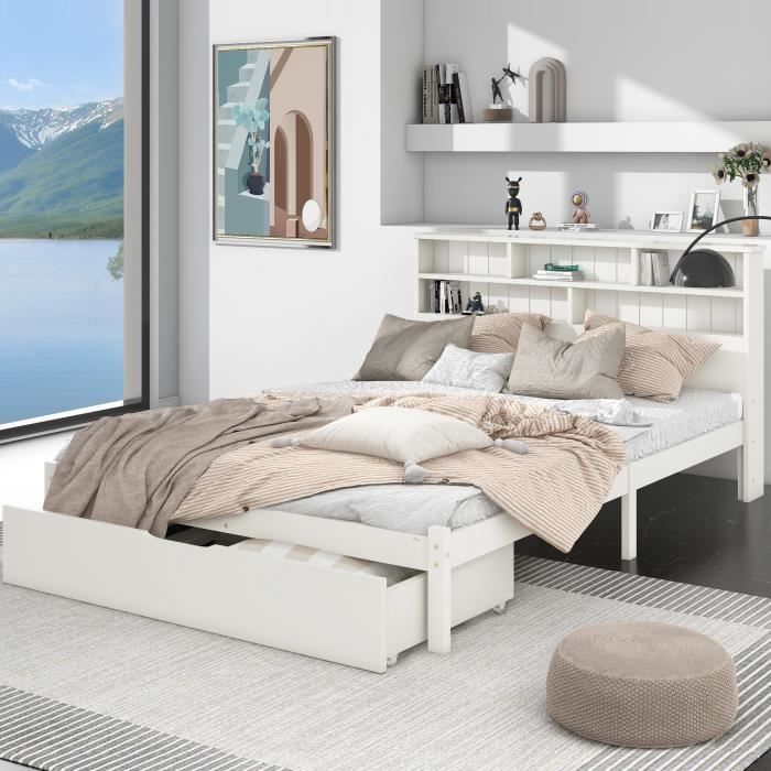 Lit Simple 90x200 Cm SPRINGOS - En Bois Massif Avec Sommier à Lattes Inclus