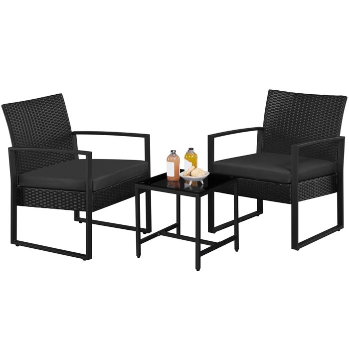 Yaheetech Ensemble Mobilier de Jardin 3 Pièces en Rotin Polyester et Métal 1 Table Basse et 2 Fauteuils avec Coussins Noir Yaheetech Ensemble Mobilier de Jardin 3 Pièces en Rotin Polyester et Métal 1 Table Basse et 2 Fauteuils avec Coussins Noir
