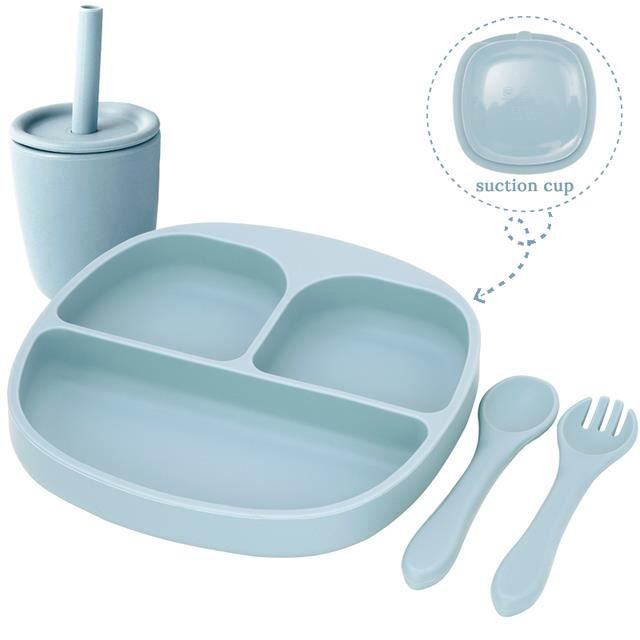 Kit De Vaisselle Bébé En Silicone 6 Pièces - Sans BPA - Assiette Et Bol Avec Ventouses - Bavoir Et Couverts - Parfait Pour Diversification (BLW)